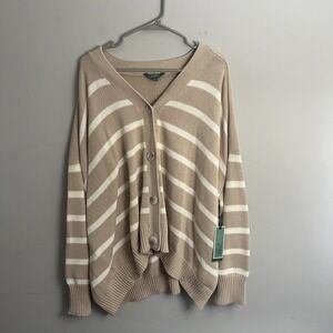 Women's Khaki/Ivory Wide Stripe Terra & Sky Boyfriend Cardigan Plus Size 3x